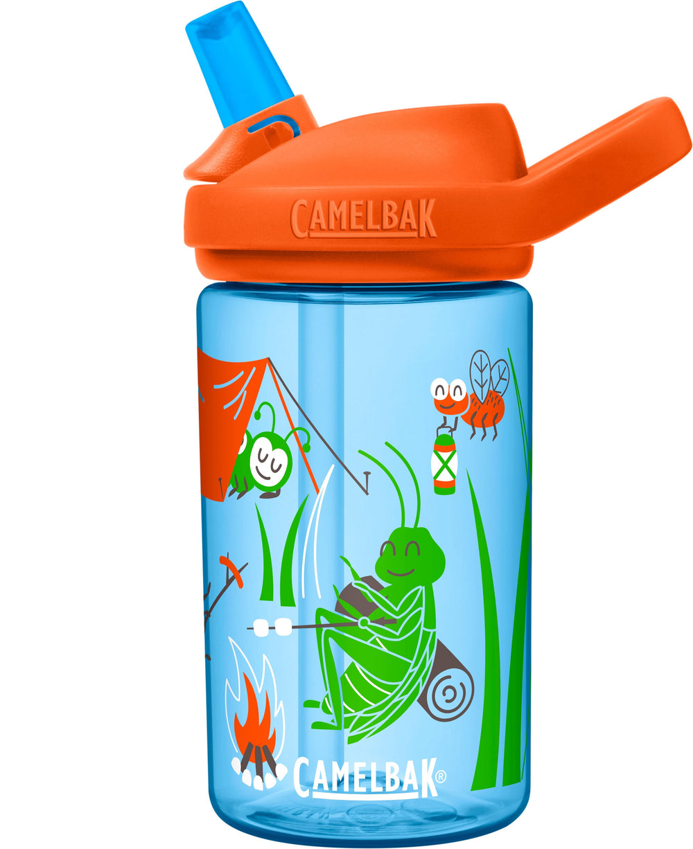 Light blue bottle with insects camping with marshmallows and tent   camelbal logo in white letters with blue bite valve and orange lid 