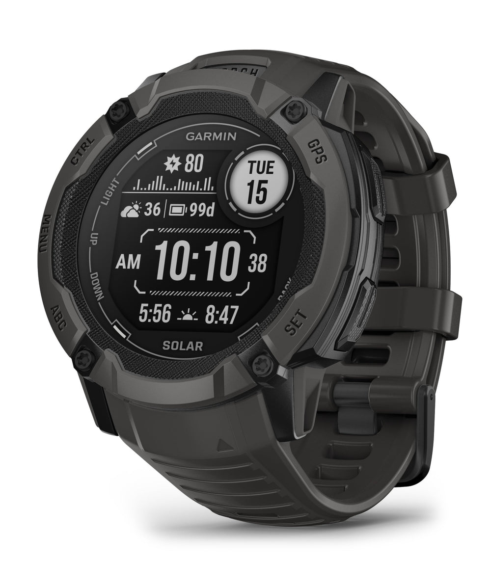 Front view of the Garmin Instinct 2X Solar Rugged Smartwatch in Graphite