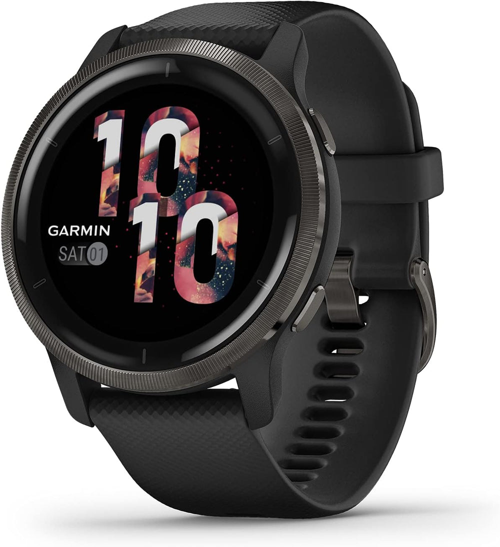Front view of Garmin Venu 2 GPS Smartwatch Slate Bezel with Black Case