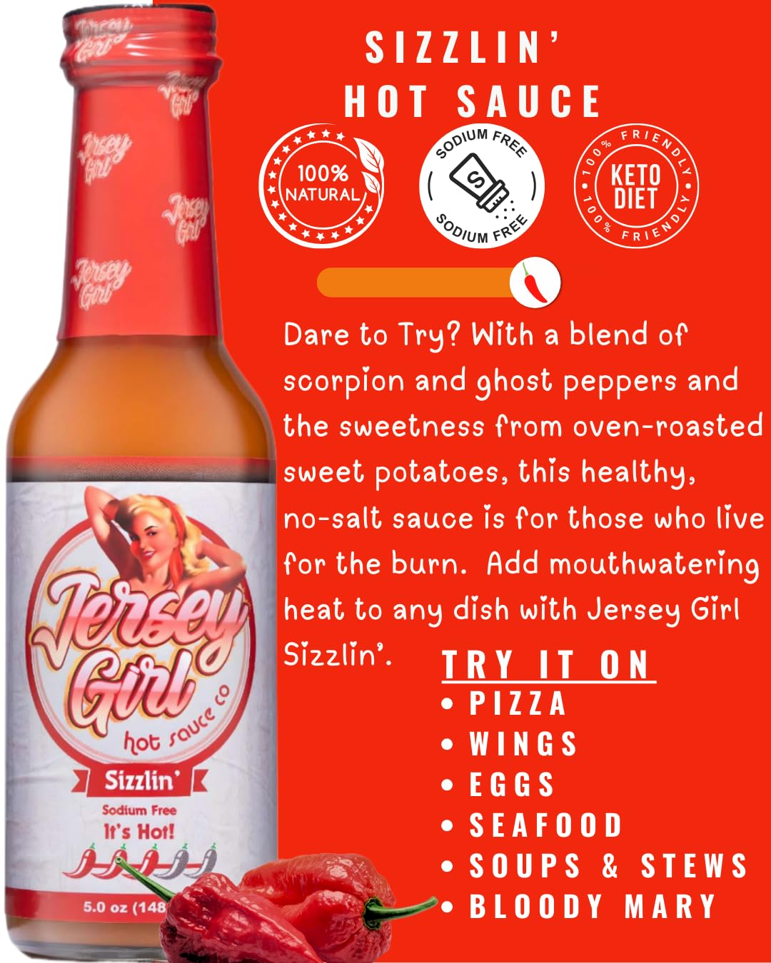 Jersey Girl Sizzlin' Hot Sauce – Ghost & Scorpion Blend (Sodium / Salt