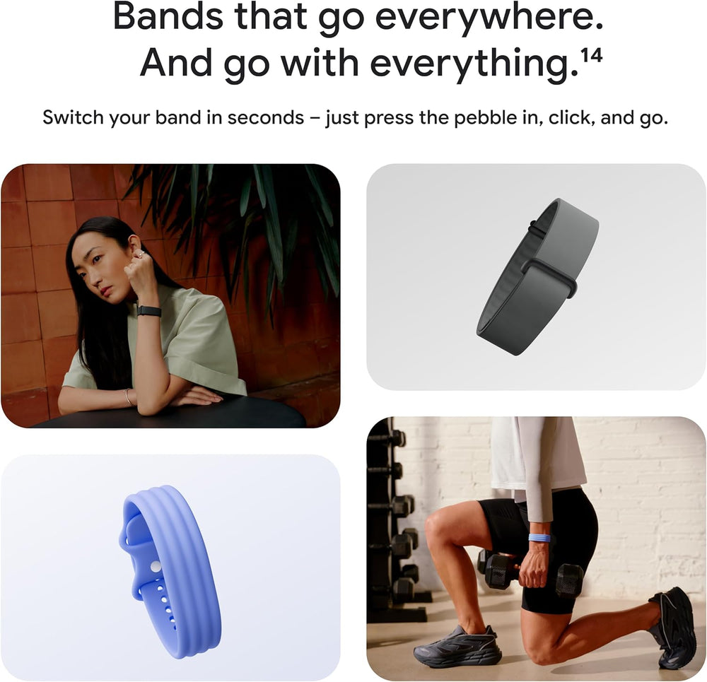 Advertisement for interchangeable bands with images of a woman, a band on a white background, and a person using the bands.