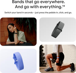 Advertisement for interchangeable bands with images of a woman, a band on a white background, and a person using the bands.