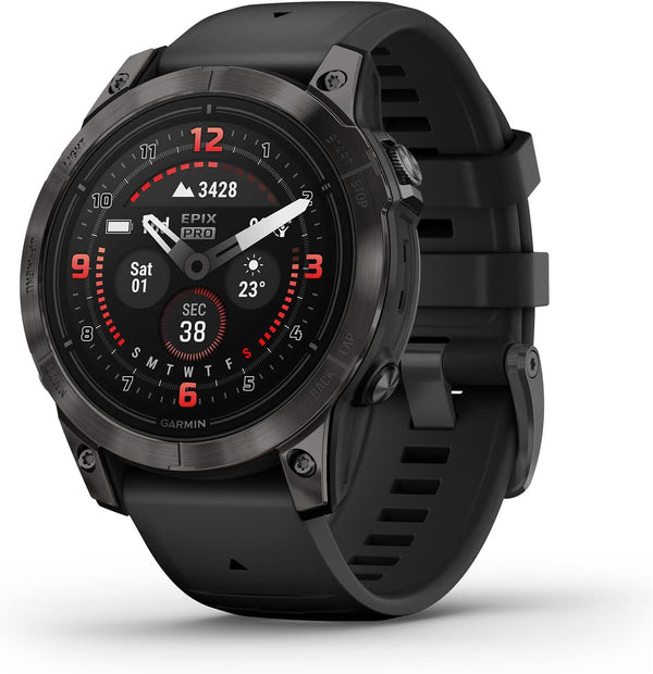 Black Garmin smartwatch on a white background