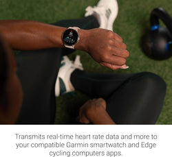 Transmits real time Heart Rate data to Garmin watch or fitness apps