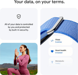 Smartwatch with health app interface and outdoor scene with woman in pink outfit.