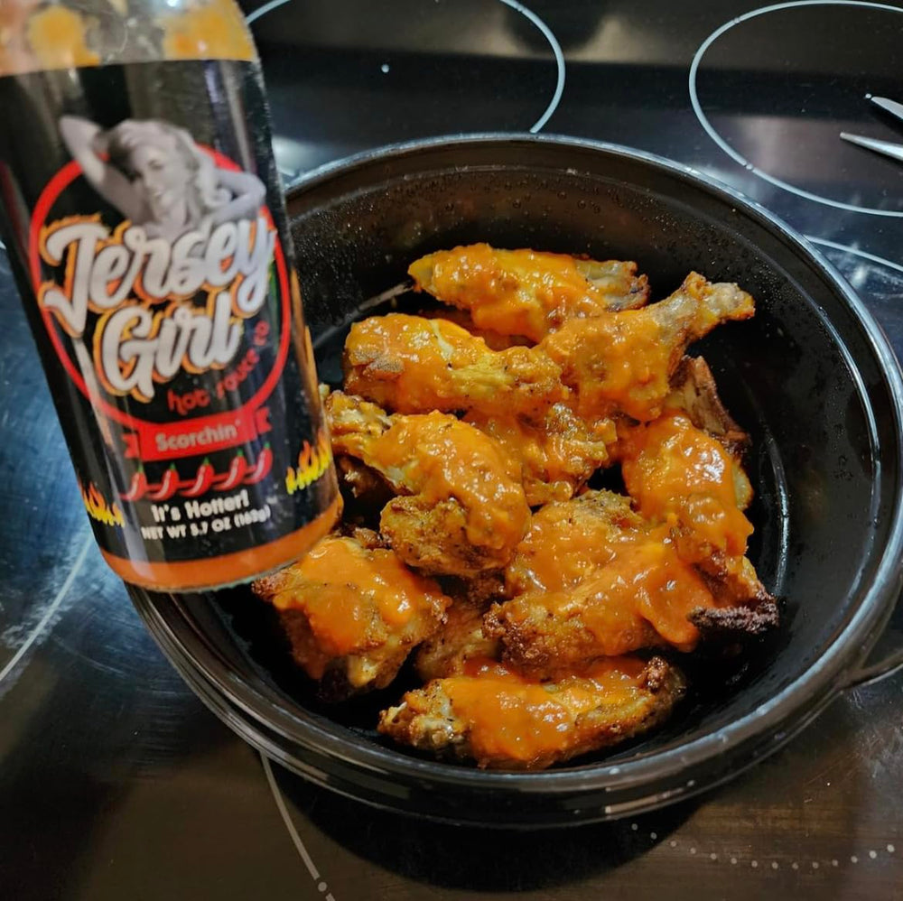 Jersey Girl Scorchin' Hot Sauce (Made with Carolina Reaper & Dragon's Breath Peppers) All Natural, Sodium/Salt Free - 5oz Bottle shown with wings