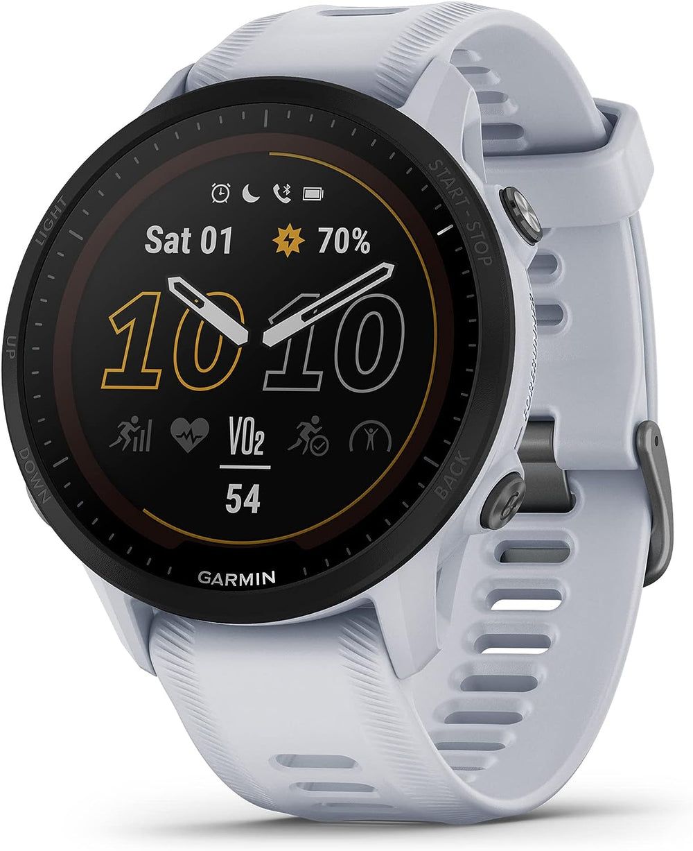 Front view of the Garmin Forerunner 955 Solar GPS Watch in White