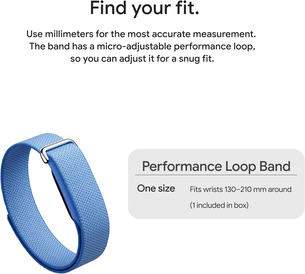 Blue performance loop band with text on a white background