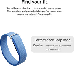 Blue performance loop band with text on a white background