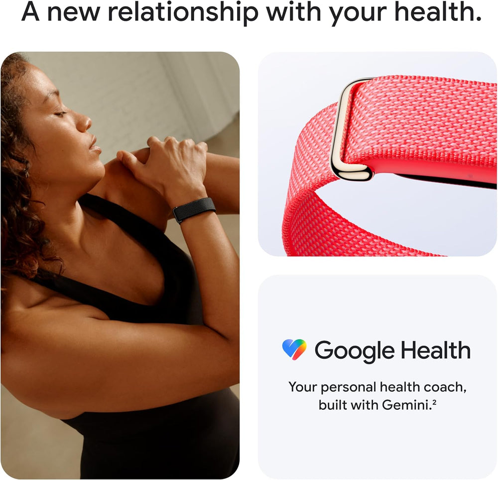 Woman exercising with a Google Health device, featuring text about a new relationship with health.
