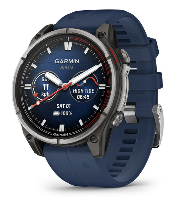Garmin Quatix 8 AMOLED smartwatch displaying marine navigation data on a 1.3-inch vibrant AMOLED screen, with a titanium bezel and silicone band—built for boating, sailing, and water adventures.