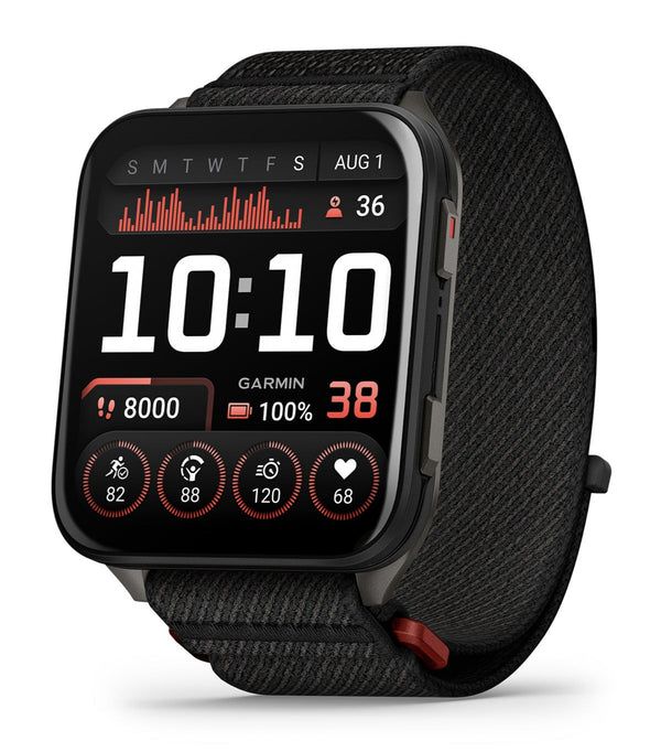  Garmin Venu X1 smartwatch displaying health and fitness data on its 2-inch AMOLED screen, featuring a sapphire lens, titanium back, and silicone strap.