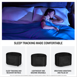 A woman sleeps peacefully in a dimly lit bedroom while wearing the Garmin Index Sleep Monitor armband. Below are product highlights: "Sleep tracking and recovery metrics," "Lightweight and machine washable," and "Breathing variations and Pulse Ox." The text "Sleep tracking made comfortable" appears above the product features.
