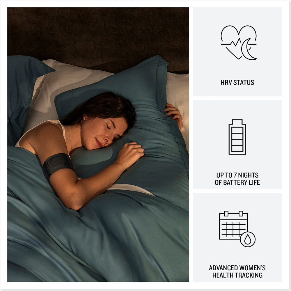 A woman sleeps peacefully in bed wearing a Garmin armband device. The image highlights features including HRV status tracking, up to 7 nights of battery life, and advanced women’s health tracking. Icons and text for each feature appear on the right side of the image.