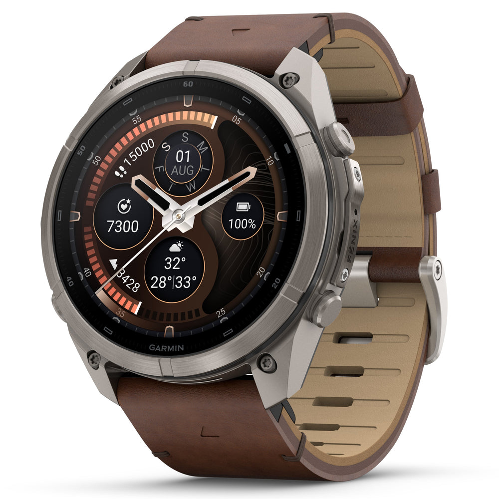 Garmin fenix 9 PRO Titanium with Walnut Leather Band in 47mm and 51mm 
