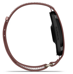 A close-up side view of a smartwatch with a dark brown textured silicone strap and a black rectangular side panel featuring the GARMIN logo, set against a plain white background.