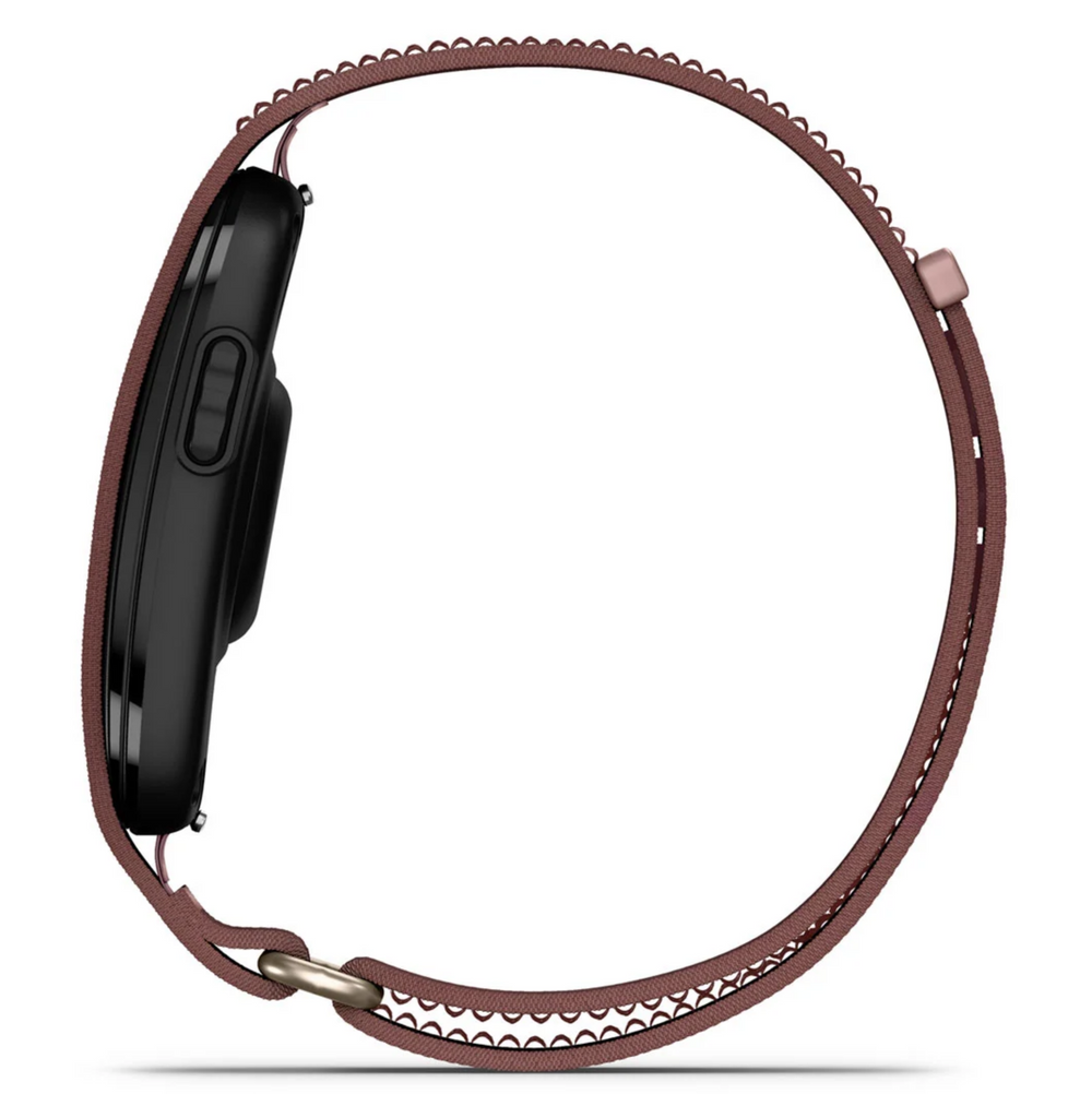 A side profile view of a smartwatch with a dark brown textured silicone loop band, shown on a clean white background.