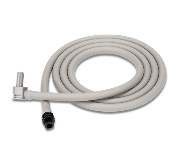 Coiled garden hose with metal fitting on a white background