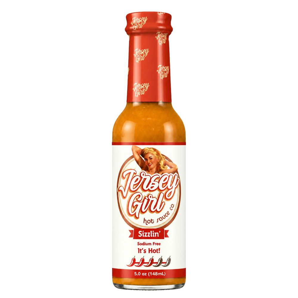 A 5.0 oz bottle of Jersey Girl Sizzlin' hot sauce on a plain white background.