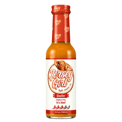 A 5.0 oz bottle of Jersey Girl Sizzlin' hot sauce on a plain white background.