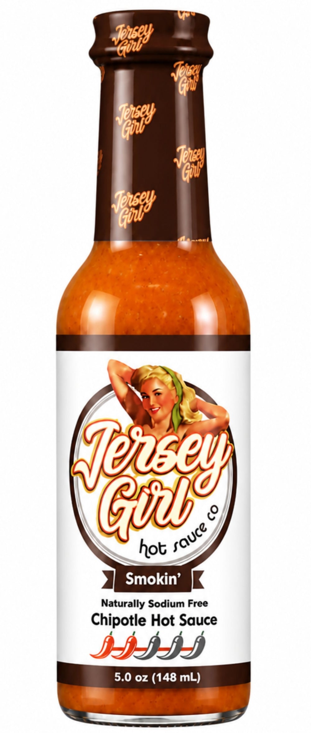 A 5.0 oz bottle of Jersey Girl Smokin' Chipotle Hot Sauce on a plain white background.