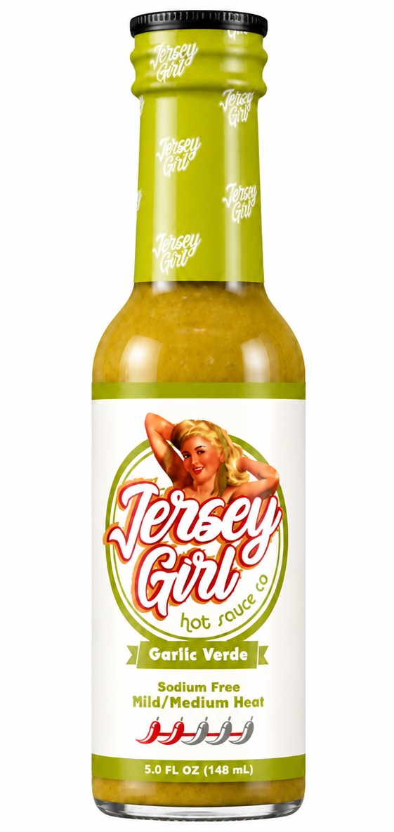 A 5.0 fl oz bottle of Jersey Girl Garlic Verde hot sauce on a plain white background.