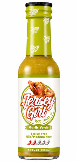 A 5.0 fl oz bottle of Jersey Girl Garlic Verde hot sauce on a plain white background.