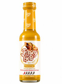 A 5.0 oz bottle of Jersey Girl Mustard Up hot sauce on a plain white background.