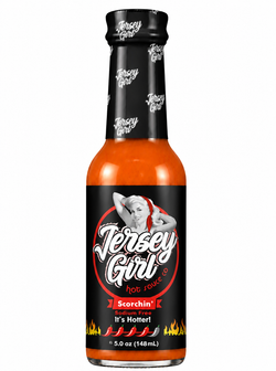 A 5.0 oz bottle of Jersey Girl Scorchin' hot sauce on a plain white background.