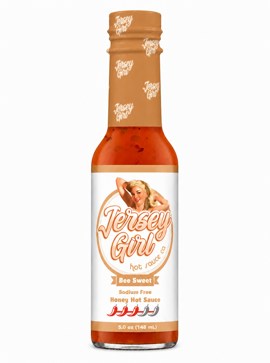 A 5.0 oz bottle of Jersey Girl Bee Sweet Honey Hot Sauce on a solid white background.