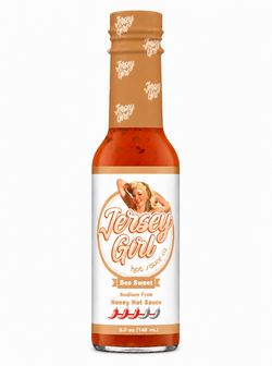 A 5.0 oz bottle of Jersey Girl Bee Sweet Honey Hot Sauce on a solid white background.