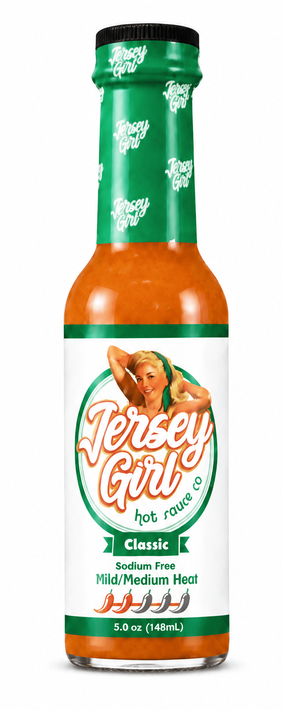 A 5.9 oz bottle of Jersey Girl Classic hot sauce on a solid white background.