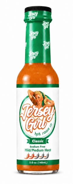 A 5.9 oz bottle of Jersey Girl Classic hot sauce on a solid white background.