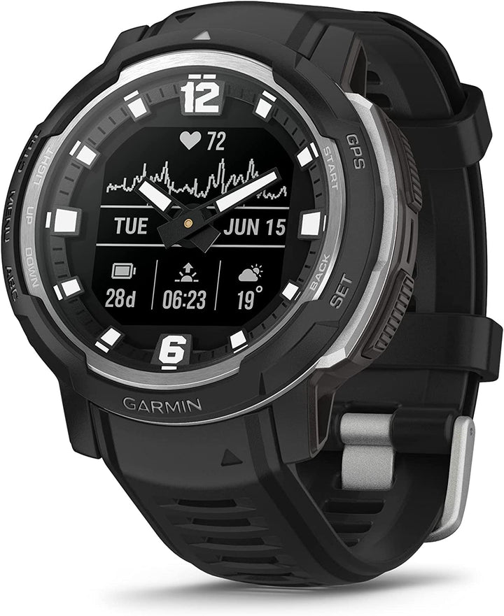 Front view of Garmin Instinct Crossover Rugged Hybrid Smartwatch Standard Edition in Black 