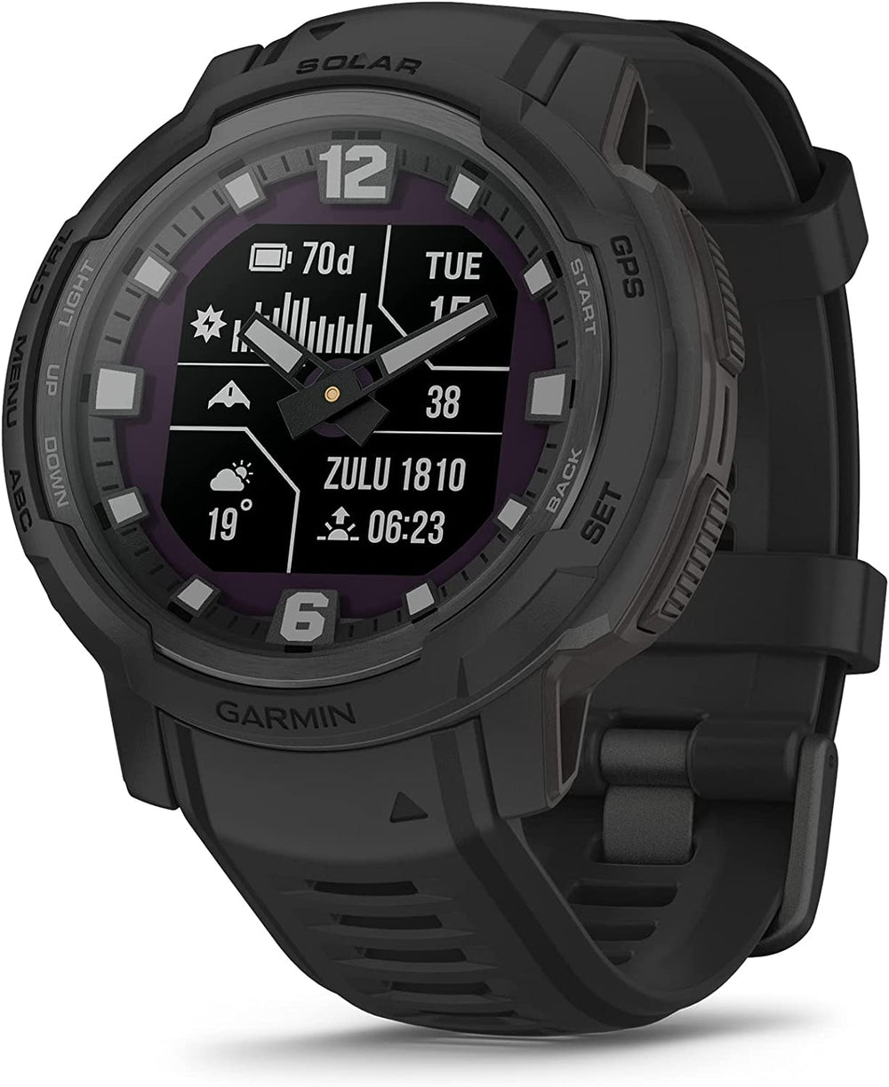 Front view of Garmin Instinct Crossover Rugged Hybrid Smartwatch Tactical Solar Edition in Black