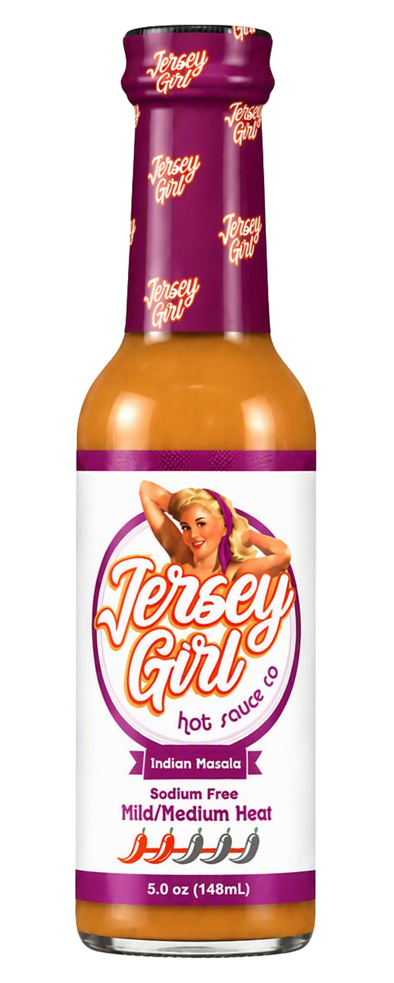 A bottle of Jersey Girl Indian Masala hot sauce on a plain white background. The bottle contains orange-red sauce and features a white label with purple accents and a retro pin-up girl illustration.