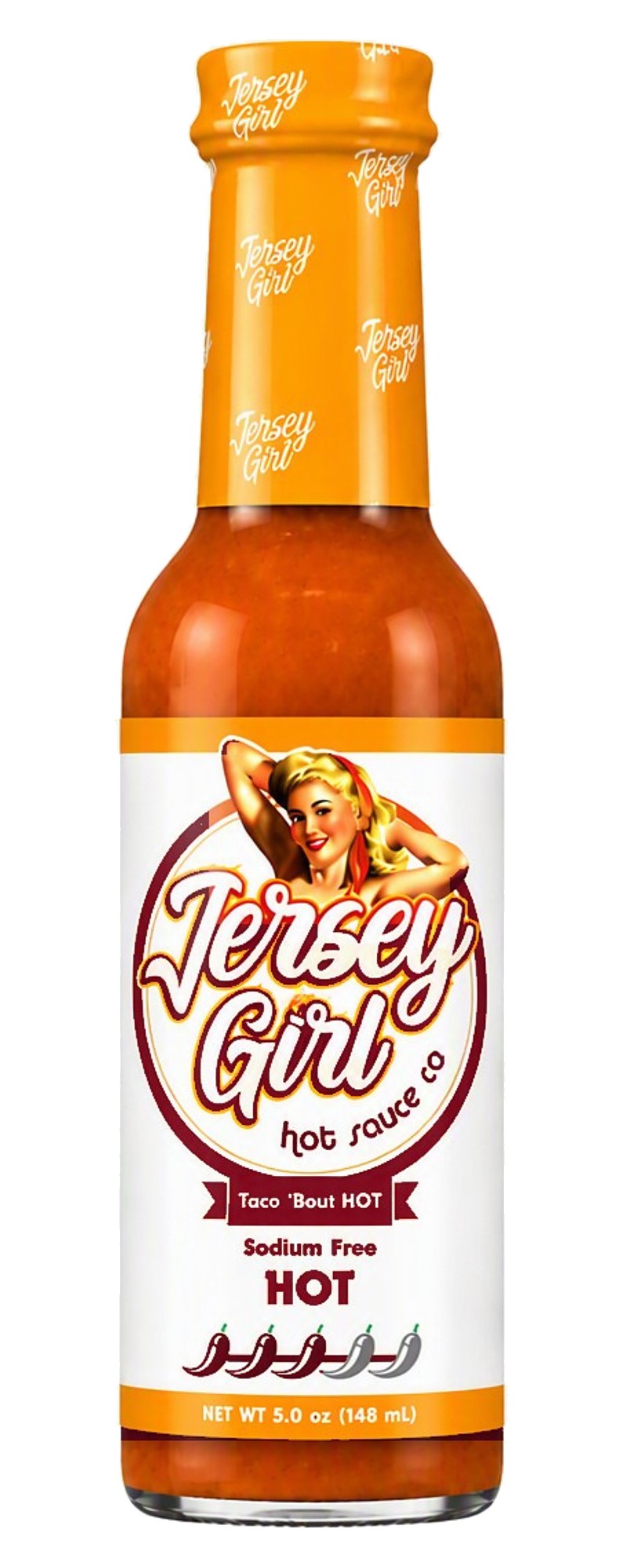 A bottle of Jersey Girl Hot Sauce on a plain white background. The bottle contains orange-red sauce and has a white label with orange and red text, featuring a retro illustration of a woman.
