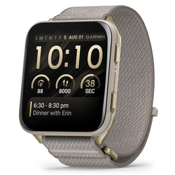  Garmin Venu X1 smartwatch displaying health and fitness data on its 2-inch AMOLED screen, featuring a sapphire lens, soft gold