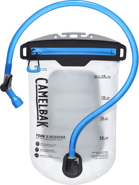 clear pouch with blue hose and bite valve,  lettering  Camelbak Fusion 2L reservoir,  marking up one side showing  0.5L, 1.0L, 1.5L and max fill 2.oL  