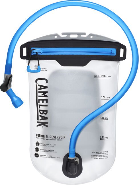 clear pouch with blue hose and bite valve,  lettering  Camelbak Fusion 2L reservoir,  marking up one side showing  0.5L, 1.0L, 1.5L and max fill 2.oL  