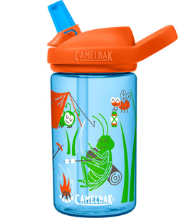 Light blue bottle with insects camping with marshmallows and tent   camelbal logo in white letters with blue bite valve and orange lid 