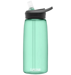 light green bottle with clear bite valve and straw  and black lid, camelbak logo in white letters 