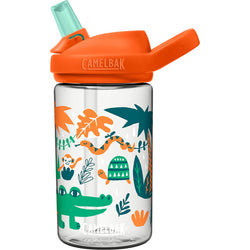 clear bottle with snake, alligator, turtle  and monkey in green and orange  camelbak logo in white letters with green bite valve and orange lid 