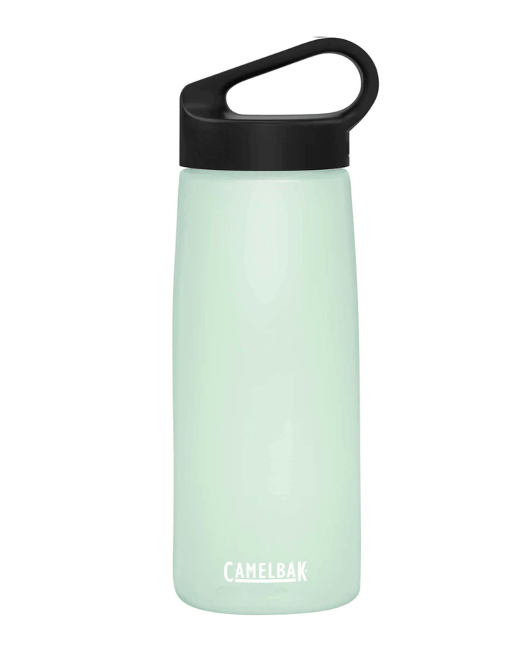 pale green bottle with black loop style lid camelbak lettering in white letters 