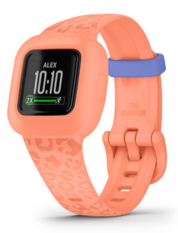 Front view of the Garmin vivofit jr 3 Kids Fitness Tracker in Peach Leopard