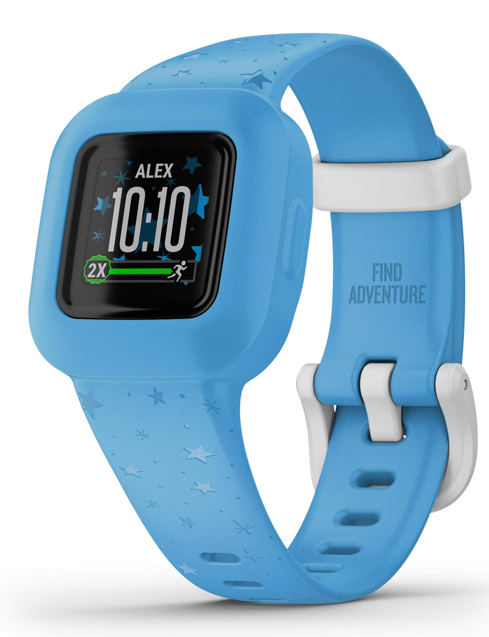 Front view of the Garmin vivofit jr 3 Kids Fitness Tracker in Stars Blue  