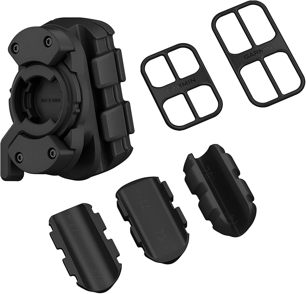View of the Garmin Varia RCT715 Seat Post Mount Kit with all the pieces laid out.