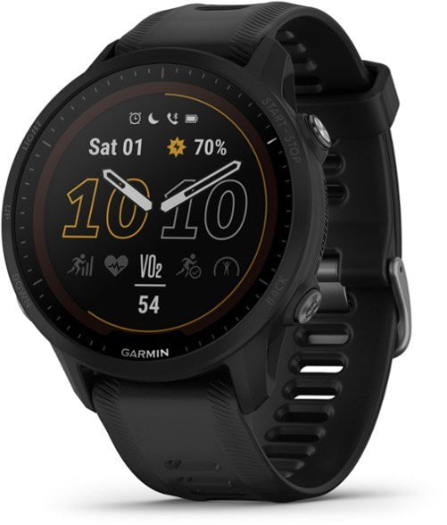 Front view of the Garmin Forerunner 955 Solar GPS Watch in Black  