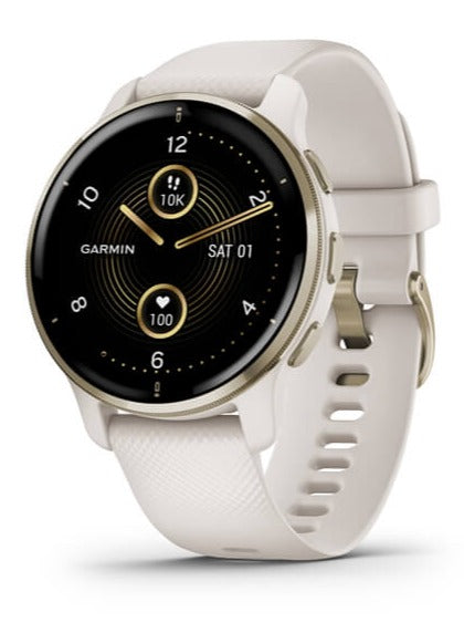 Front view of the Garmin Venu 2 Plus Smartwatch in Cream Gold