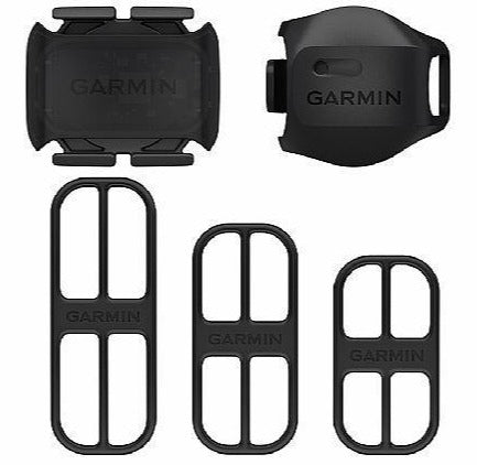 View of the Garmin Bike Speed Sensor 2 and Cadence Sensor 2 Bundle with the 3 bands laid out. 